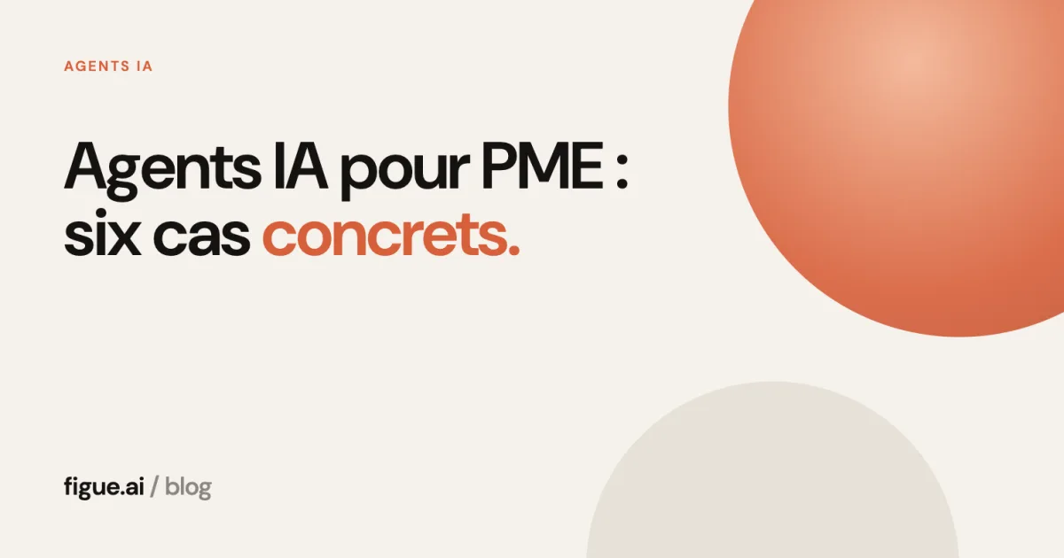 Couverture titrée Agents IA pour PME : six cas concrets, sur fond sable avec un disque orange.