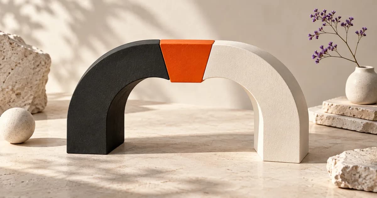 Deux parties d’une arche reliées par une clé de voûte orange.