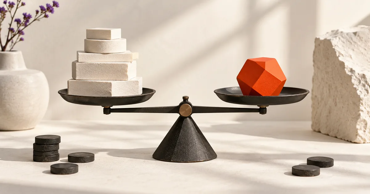 Une balance compare des modules de projet et un cœur géométrique orange.