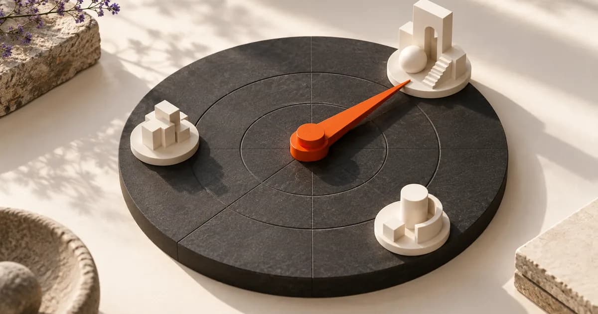 Un repère orange oriente plusieurs maquettes sur un plateau circulaire.