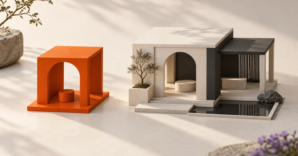 Un pavillon orange minimal à côté de sa version plus développée.