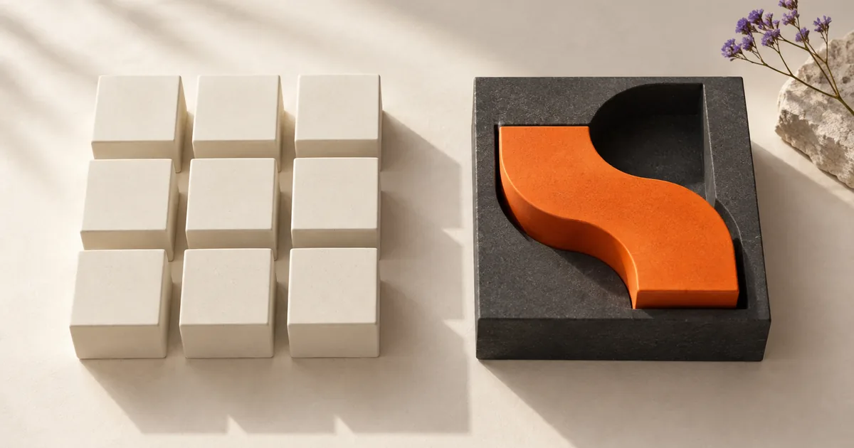 Des blocs modulaires à côté d’une pièce orange ajustée sur mesure.