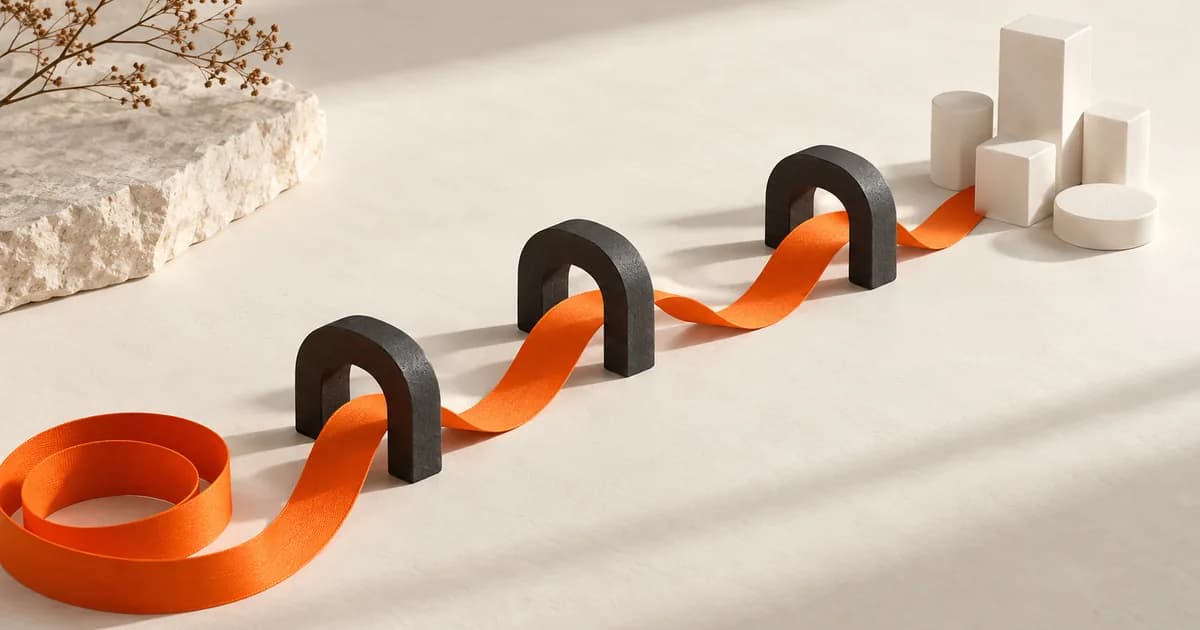 Un parcours orange traverse plusieurs étapes vers un produit.