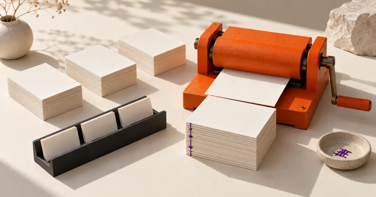 Une presse orange rassemble plusieurs piles de cartes éditoriales.