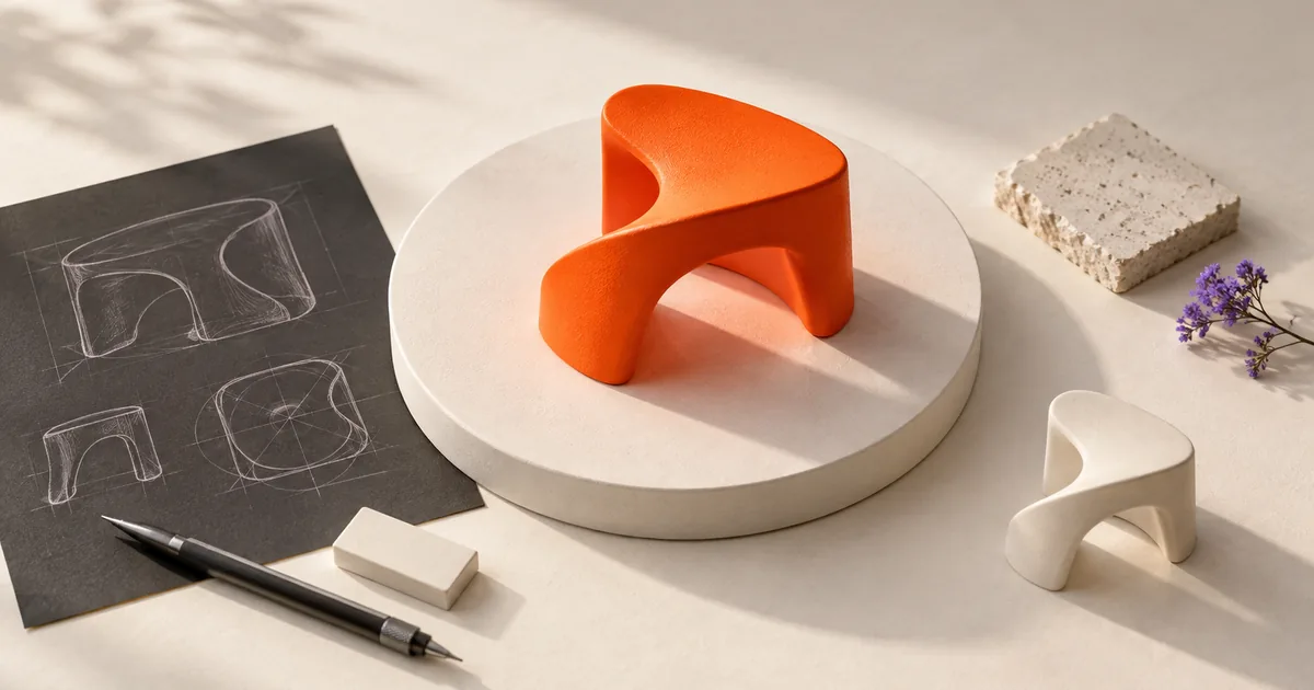 Un prototype orange entouré de ses plans et d’un modèle fini.