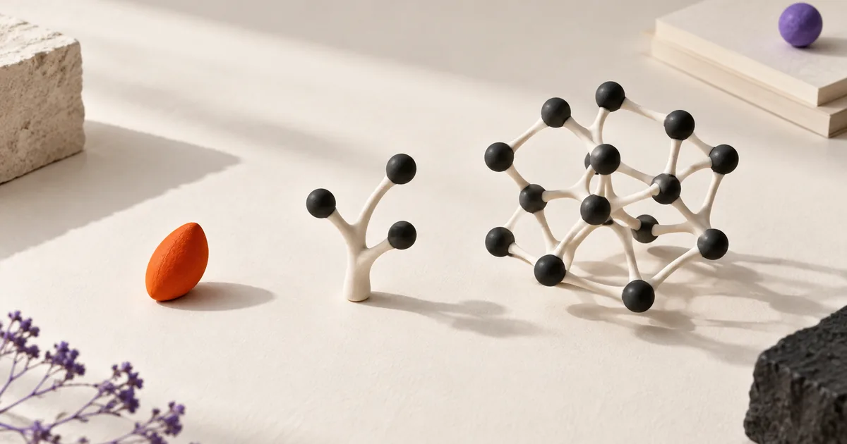 Trois sculptures illustrent la croissance d’une idée vers un réseau.