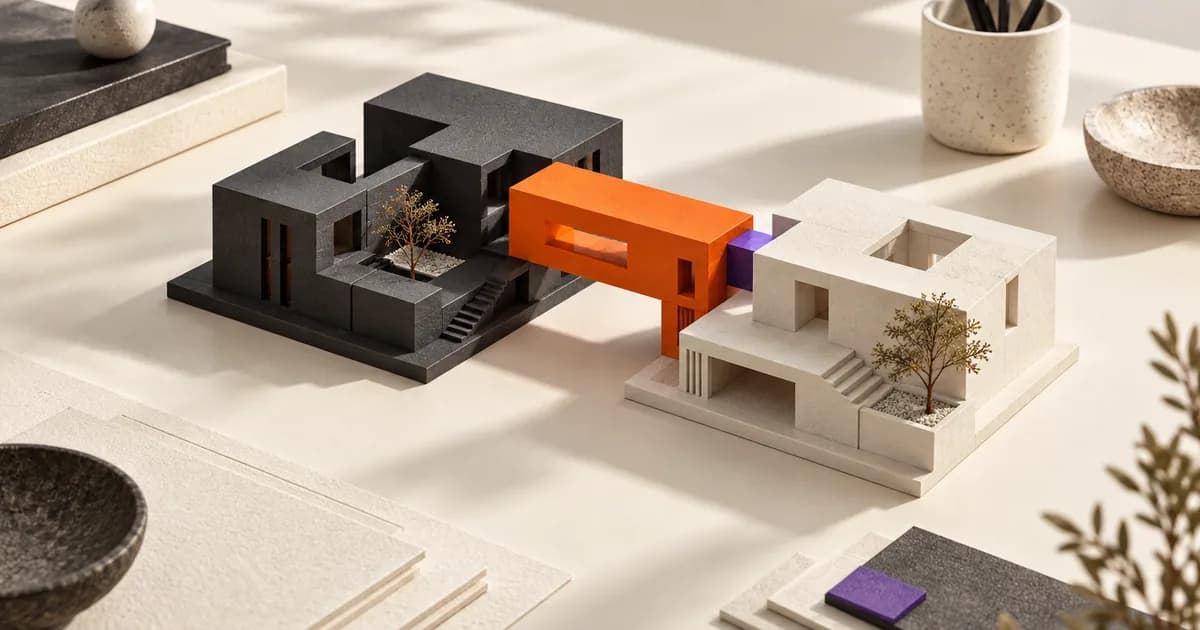 Un pont orange relie deux modules d’une maquette architecturale.
